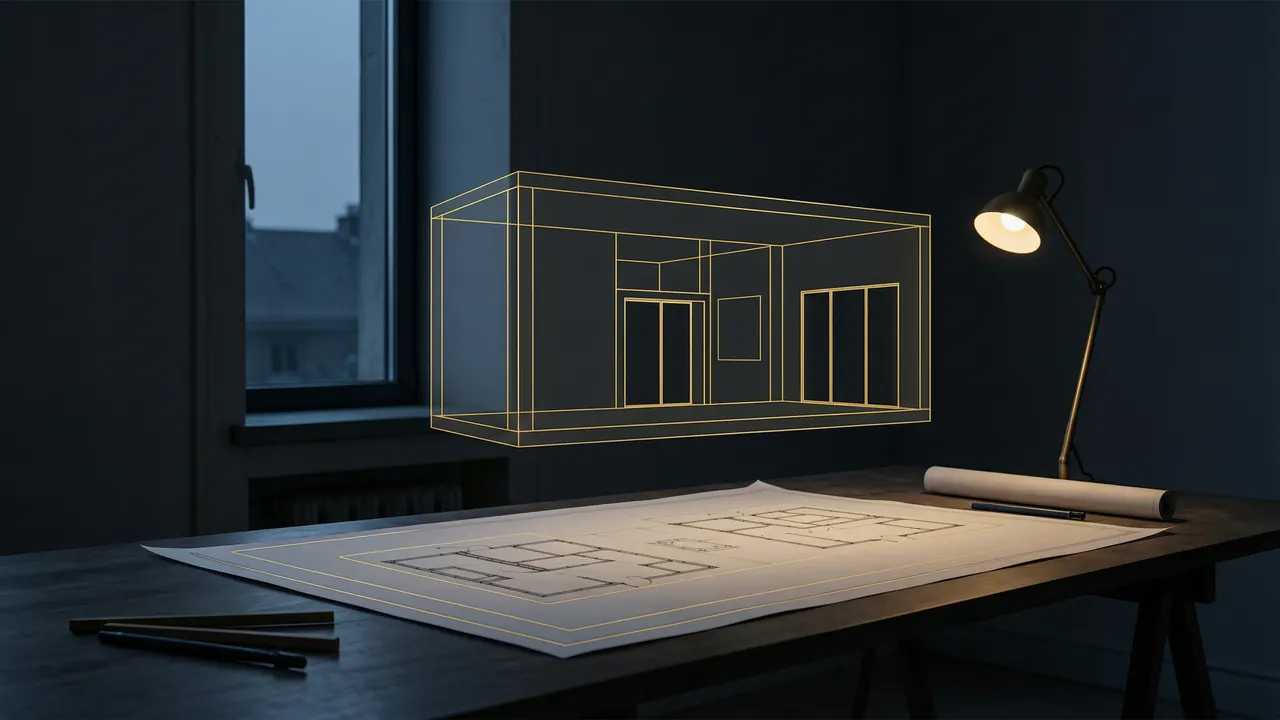 深色设计工作室，建筑图纸与金色线框房间模型